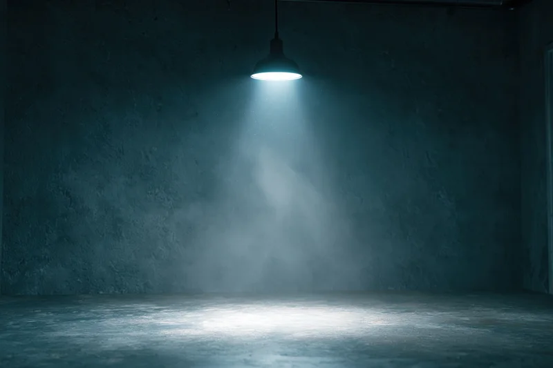 Single pendant spotlight illuminating an empty dark concrete room