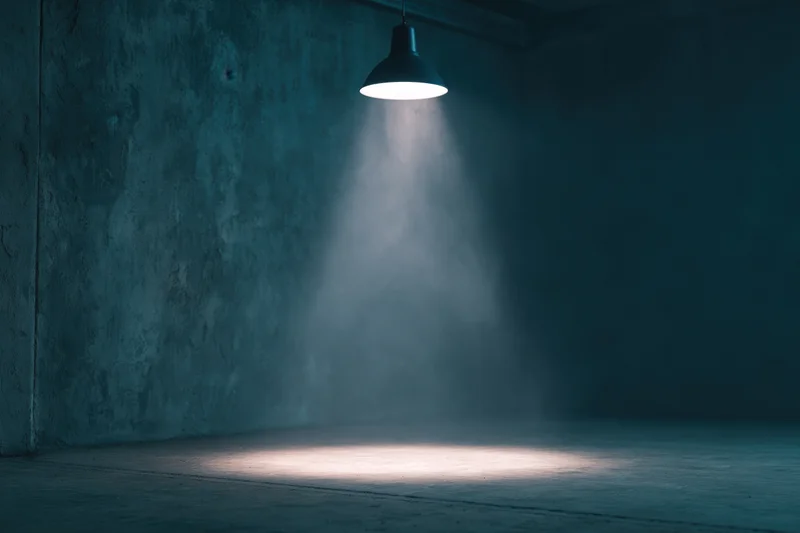 Single pendant spotlight casting a beam of light on a concrete floor in a dark empty room