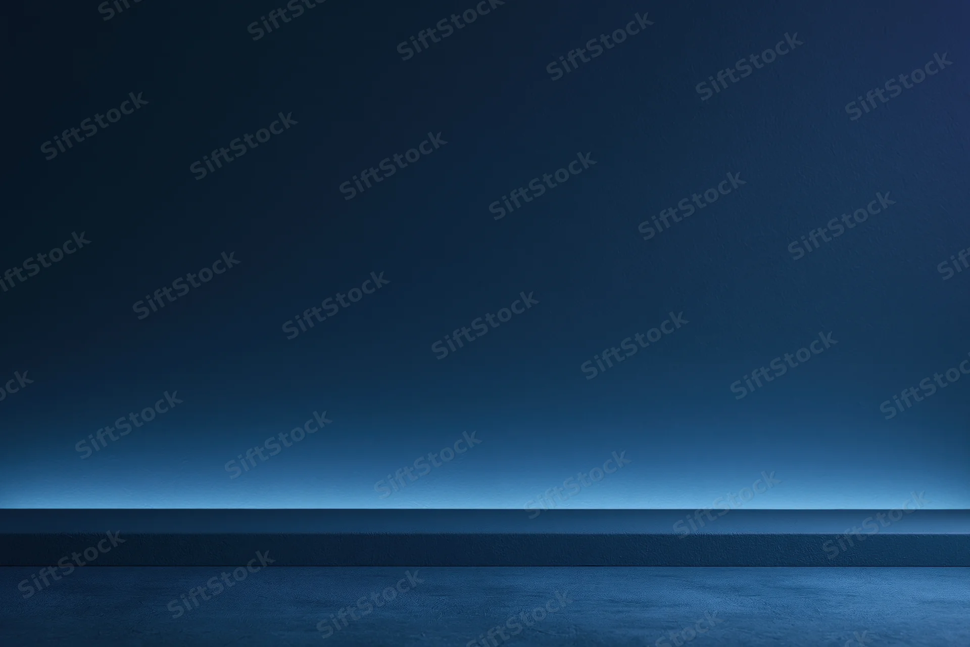 Dark navy blue seamless studio backdrop with flat matte wall and horizontal horizon line
