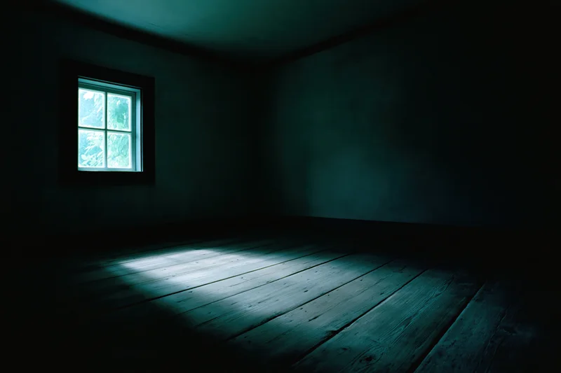 Dark empty room with single small four-pane window casting light on wooden floor