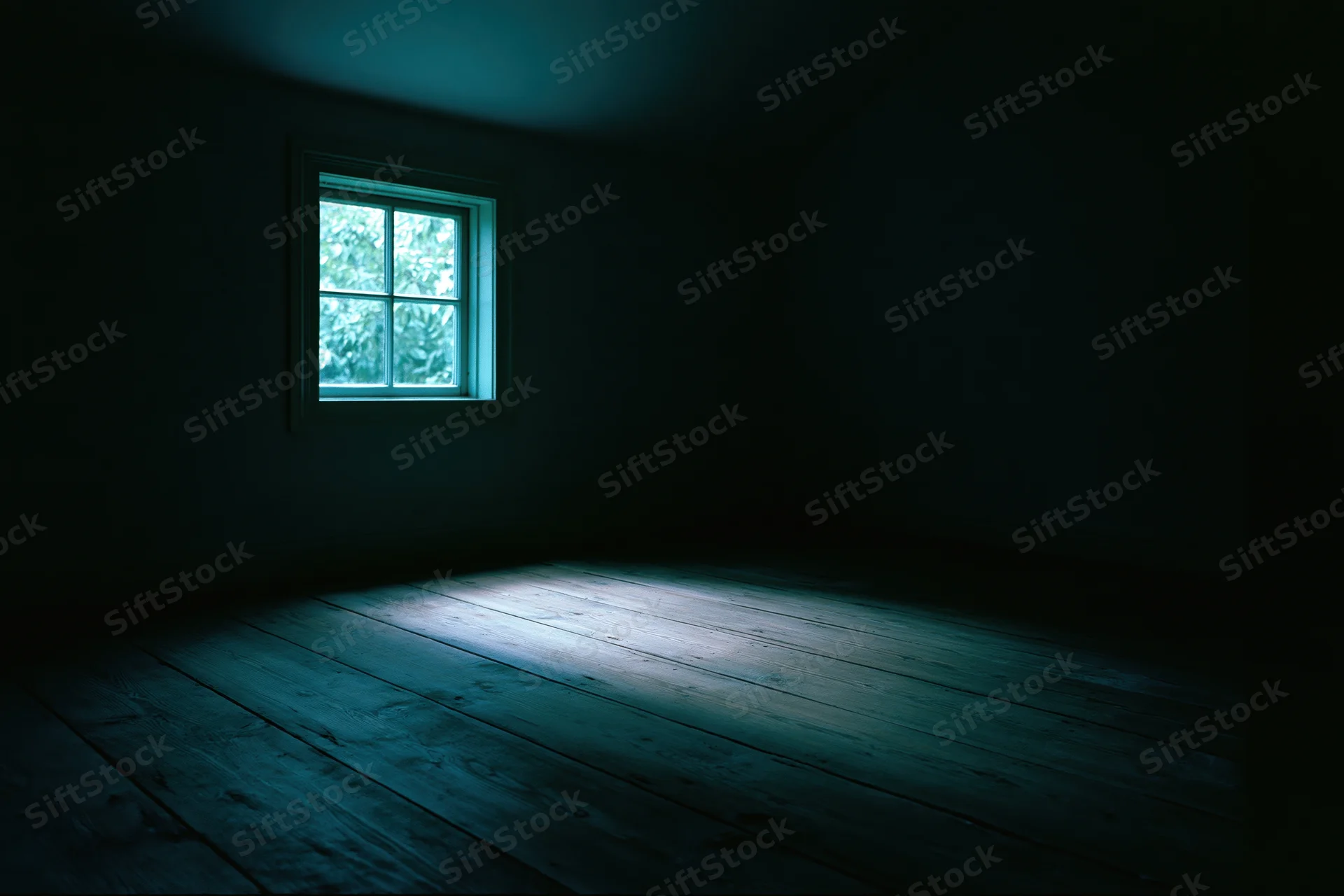Dark empty room with single small four-pane window casting light on wooden floor