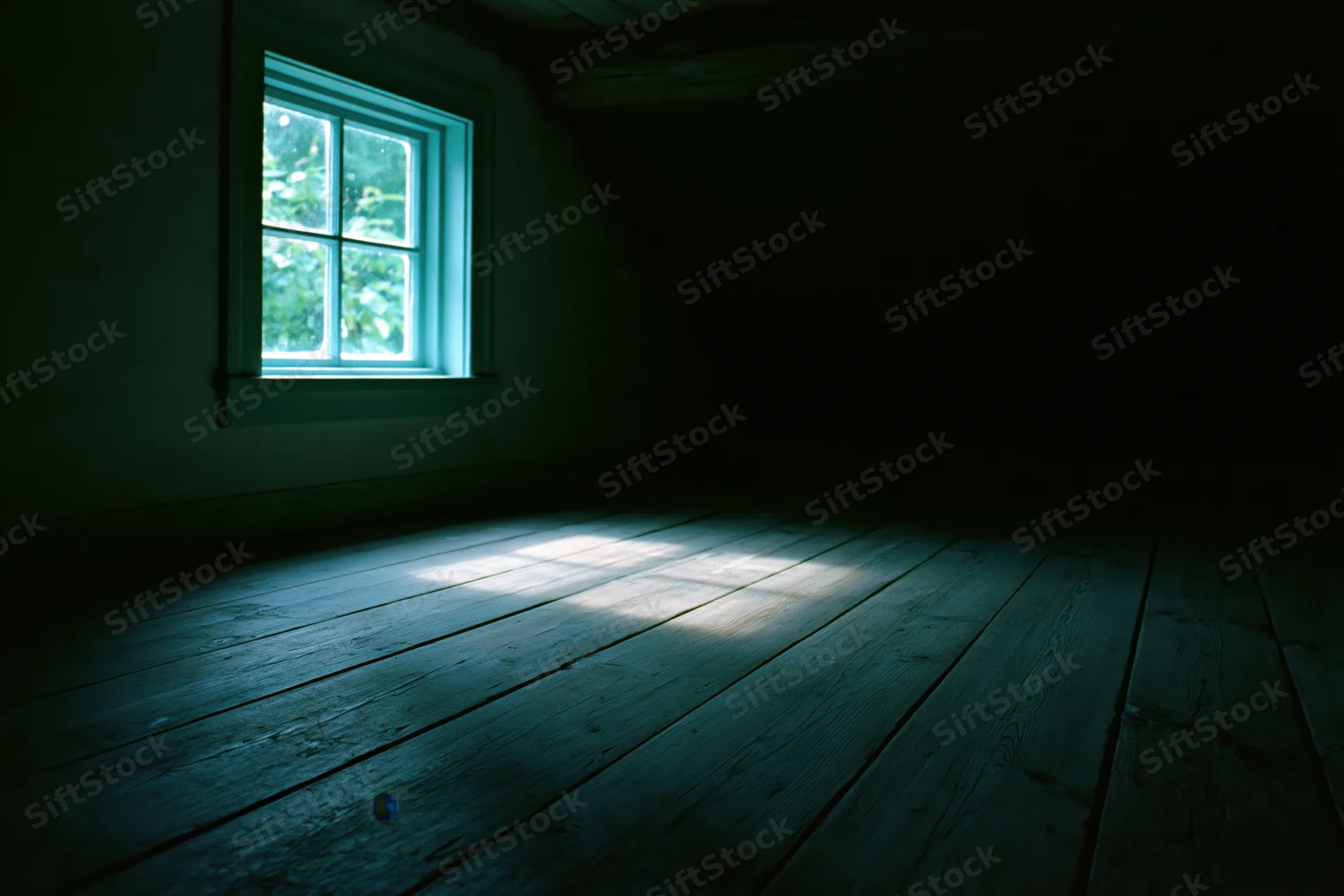 Dark empty room with single small four-pane window letting light onto wooden floor