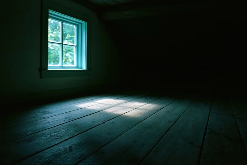 Dark empty room with single small four-pane window letting light onto wooden floor