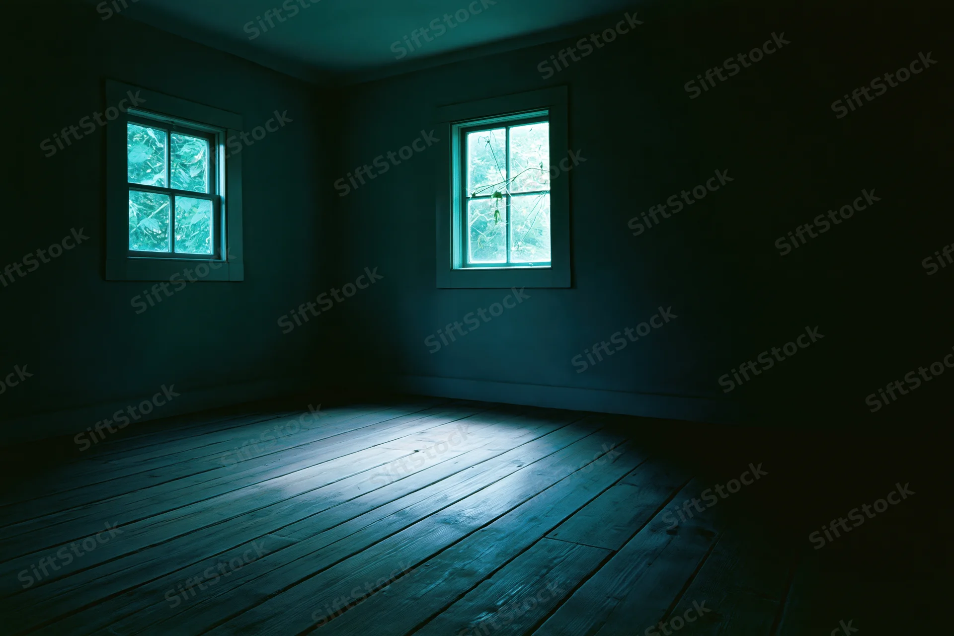 Empty dark room interior with two small four-pane windows and wooden floor, light entering from outside