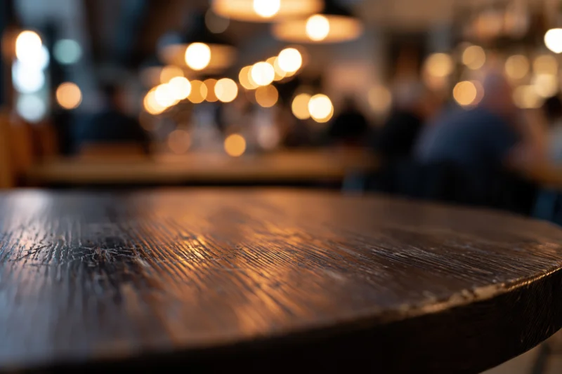 Dark wooden table surface in sharp focus with blurred restaurant interior and warm bokeh lights in background