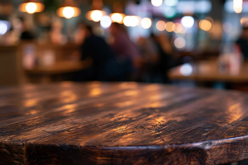 Dark wooden table surface in sharp focus with blurred restaurant interior in background