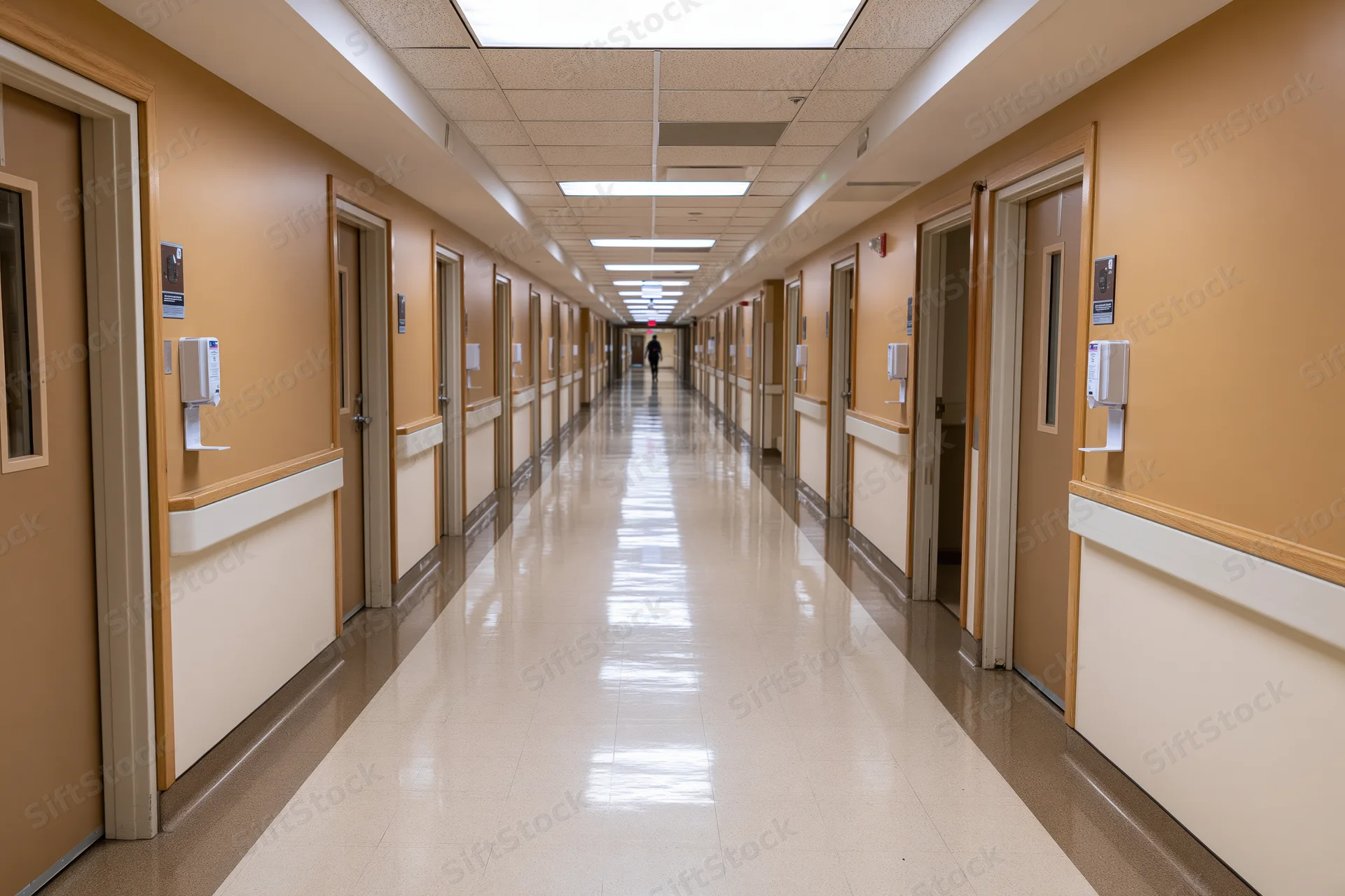 Long straight hospital corridor with beige walls and reflective flooring stretching into the distance