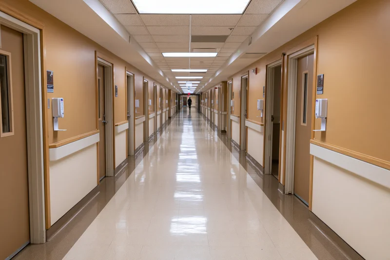 Long straight hospital corridor with beige walls and reflective flooring stretching into the distance
