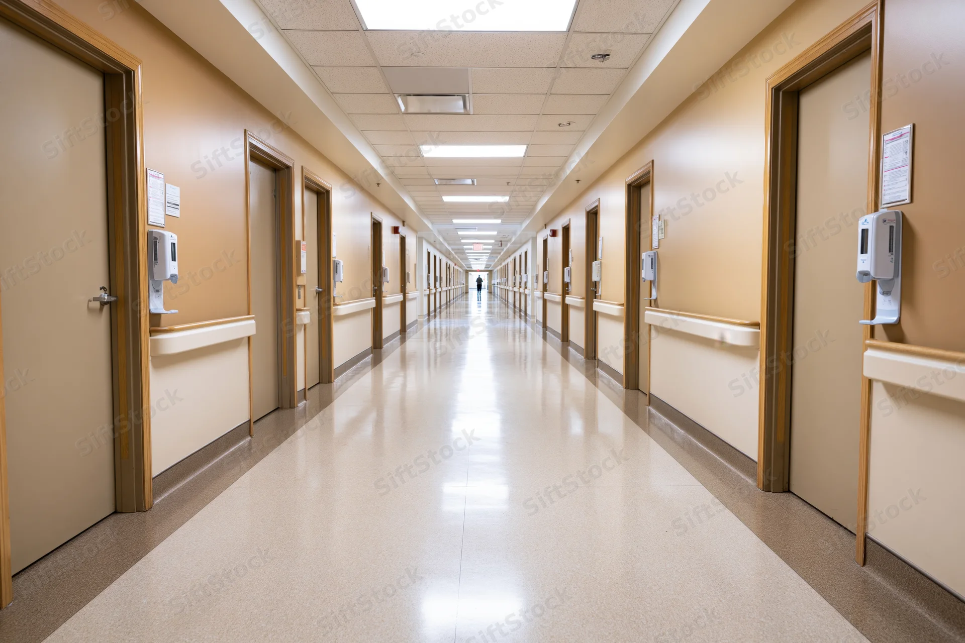 Long empty hospital corridor with symmetrical doors and hand sanitizers lining beige walls under fluorescent lights