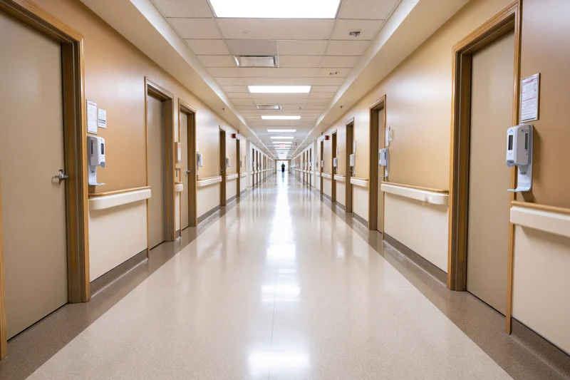 Long empty hospital corridor with symmetrical doors and hand sanitizers lining beige walls under fluorescent lights