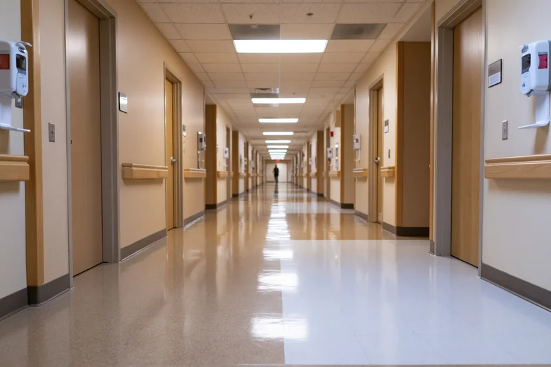 Long empty hospital corridor with beige walls and linoleum floor stretching into the distance, lined with doors and hand sanitizer dispensers