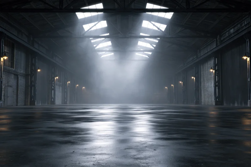 Symmetrical view of empty industrial warehouse interior with light beams through skylights and reflective floor