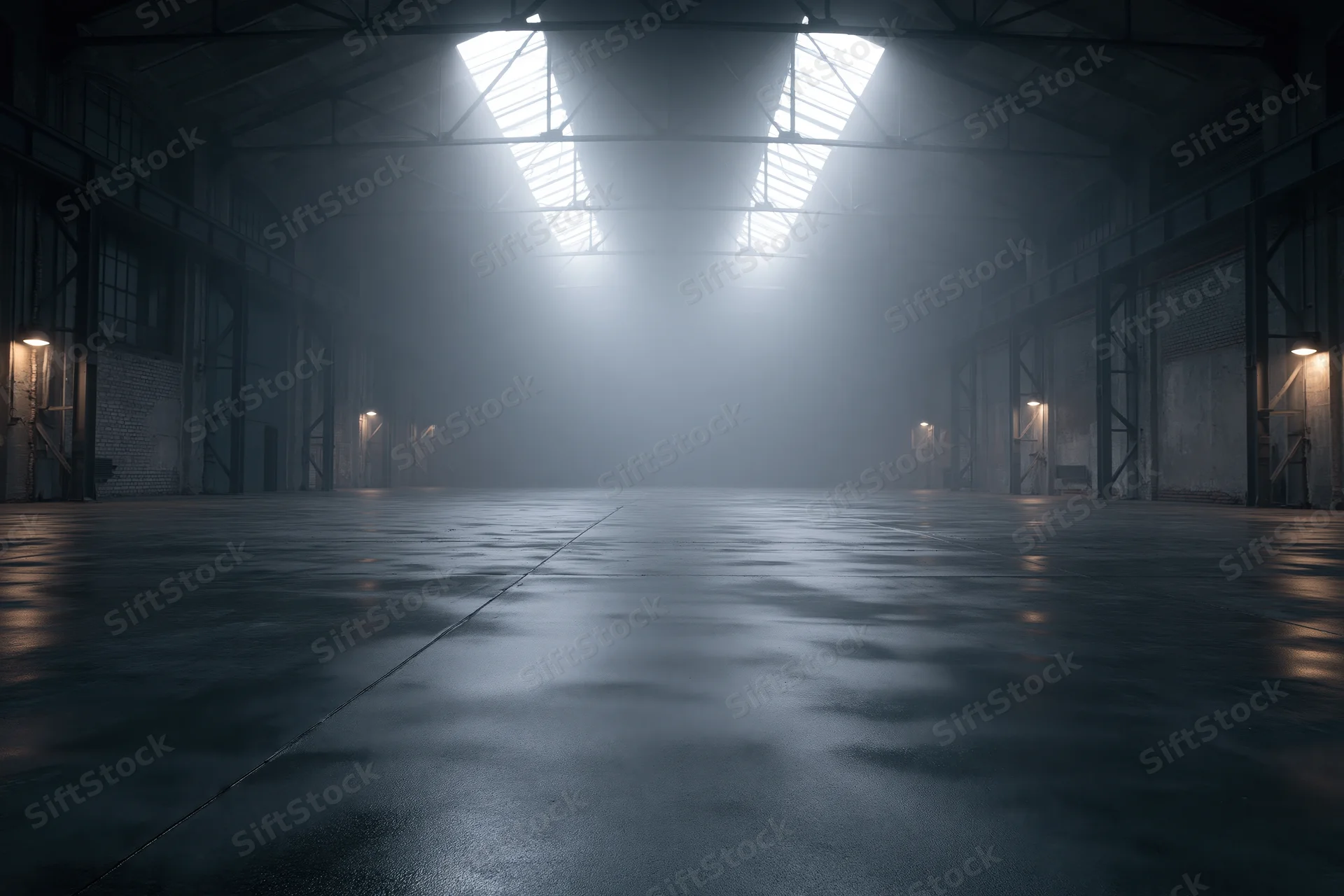 Symmetrical view of empty industrial warehouse interior with light beams through skylights and foggy atmosphere