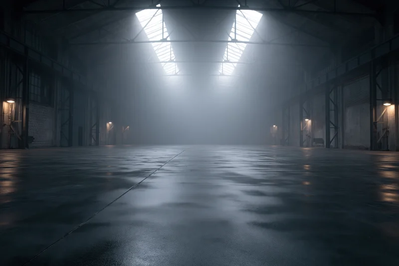 Symmetrical view of empty industrial warehouse interior with light beams through skylights and foggy atmosphere