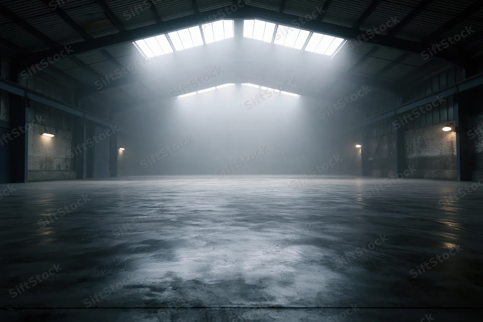 Empty industrial warehouse interior with symmetrical arch ceiling and skylight beams of light on concrete floor