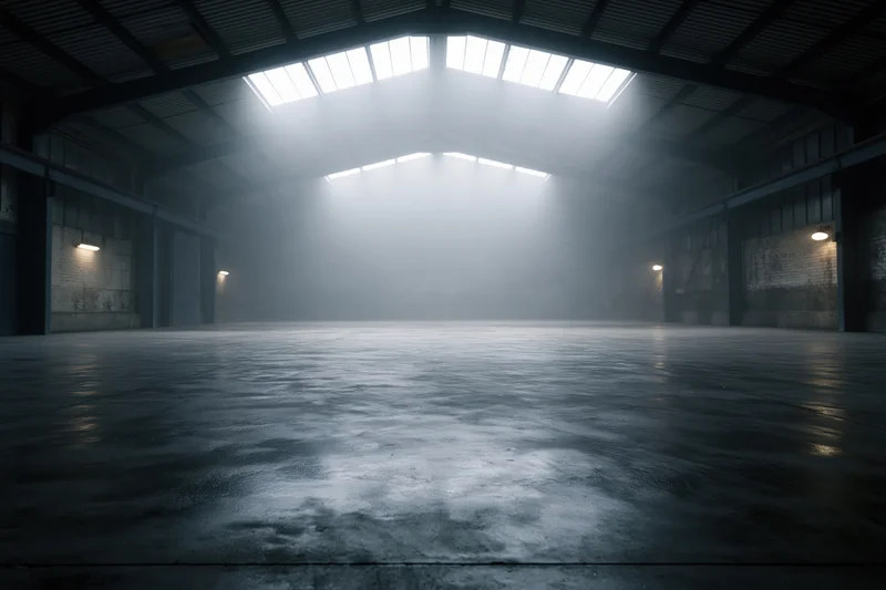 Empty industrial warehouse interior with symmetrical arch ceiling and skylight beams of light on concrete floor