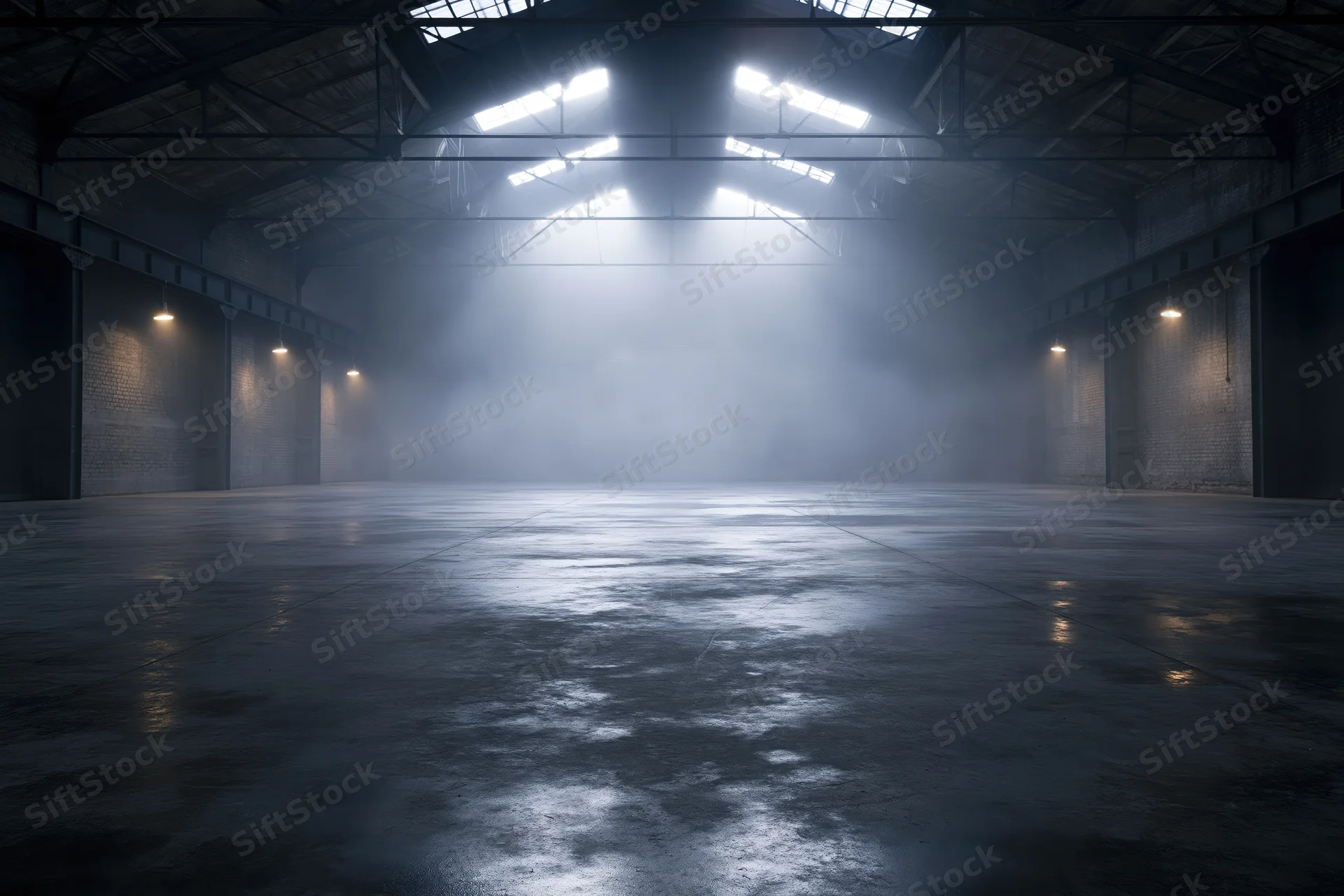 Empty industrial warehouse interior with fog and skylight reflections on concrete floor