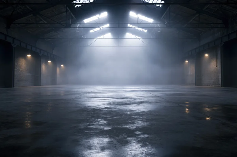 Empty industrial warehouse interior with fog and skylight reflections on concrete floor