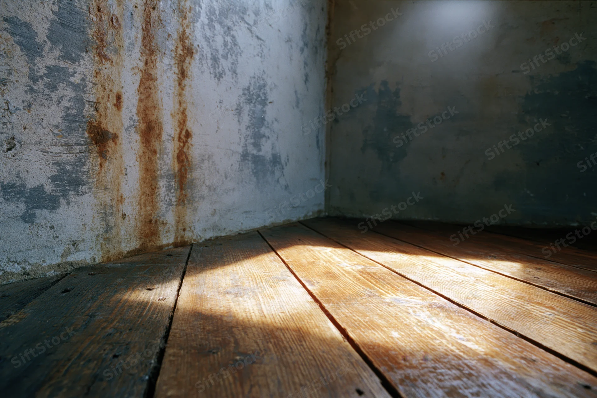 Sunlit corner of a derelict room with weathered concrete walls and worn wooden floorboards