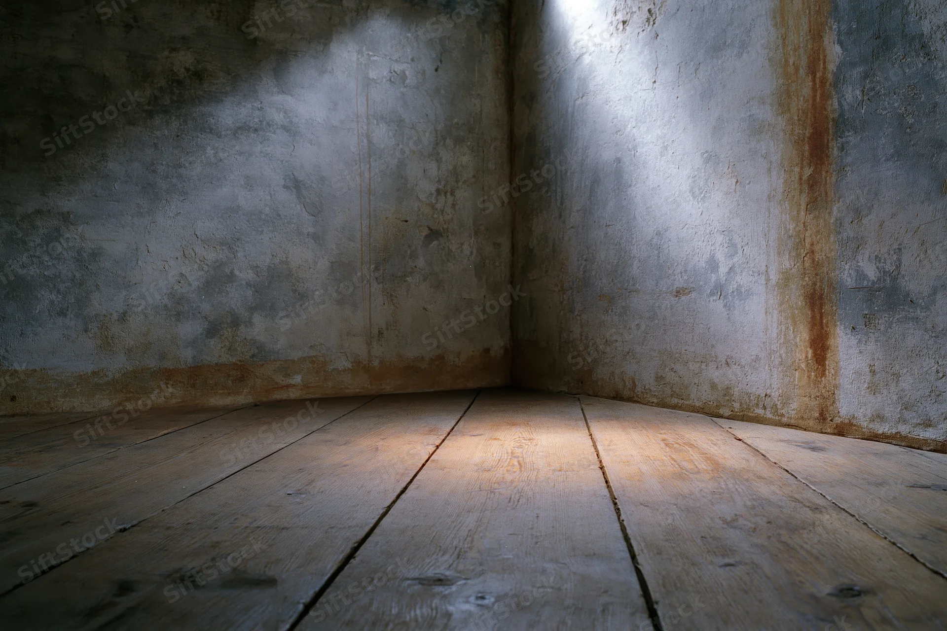 Dimly lit corner of an empty room with weathered concrete walls and worn wooden floor