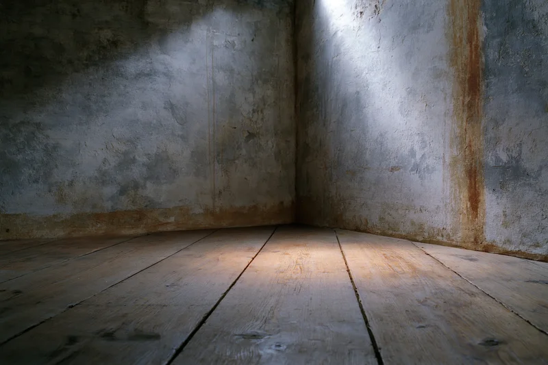 Dimly lit corner of an empty room with weathered concrete walls and worn wooden floor