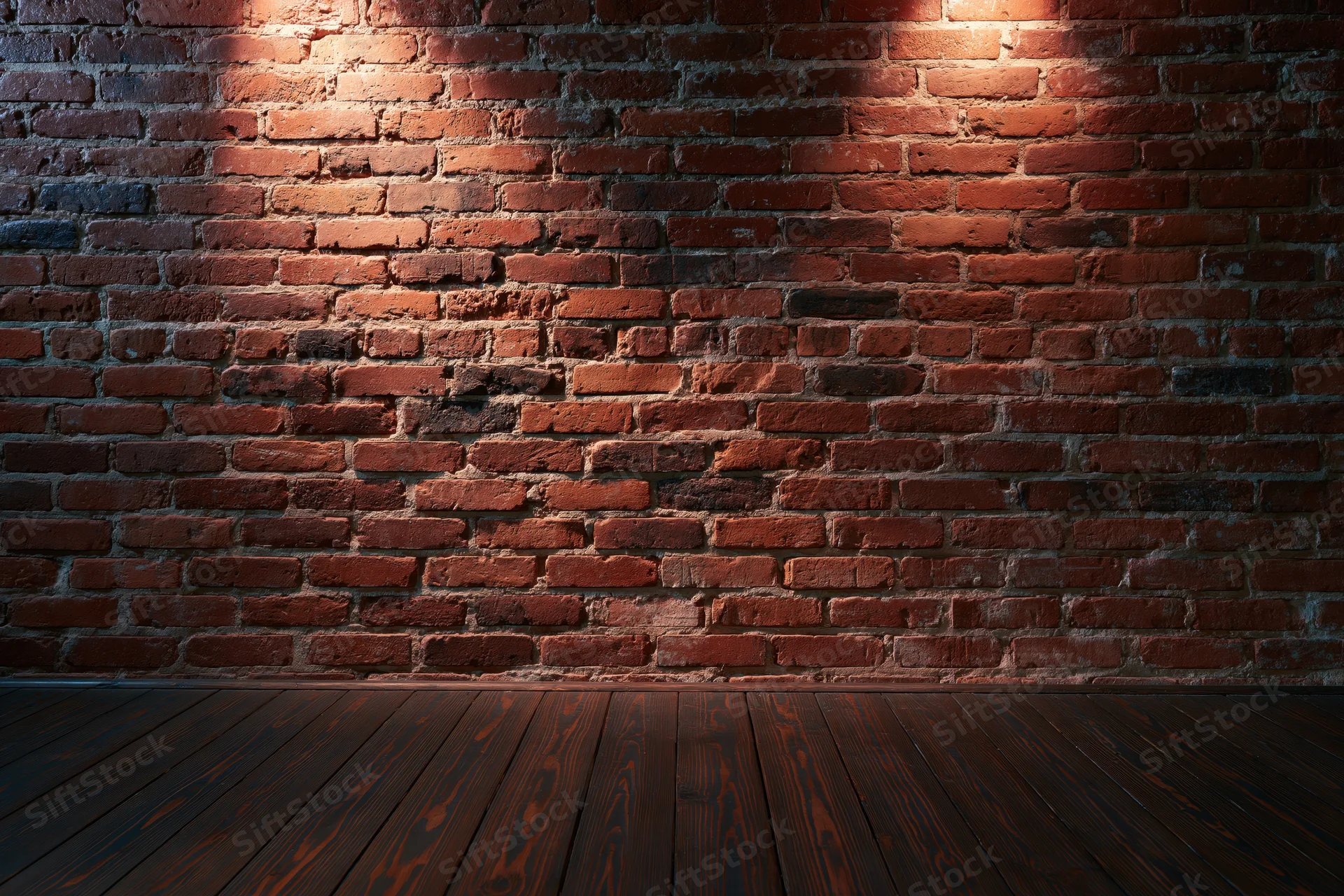 Empty room with aged red brick wall and dark wood floor