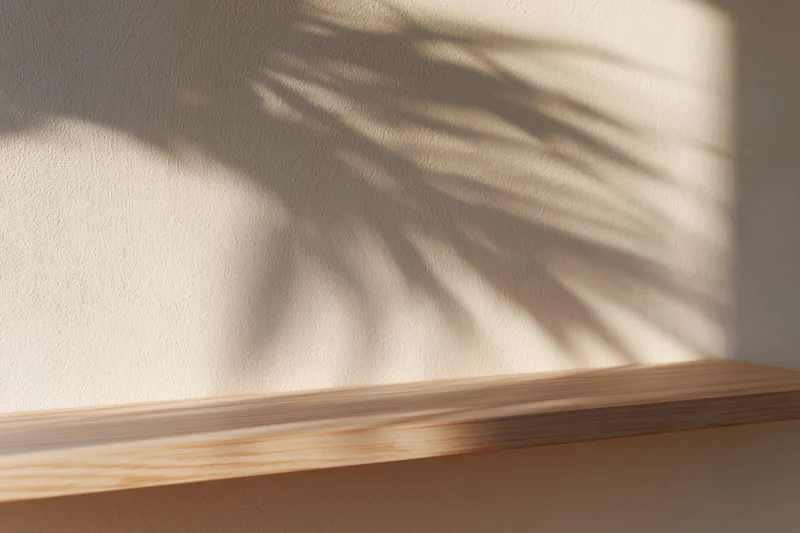 Empty light wood shelf against a plaster wall with palm leaf shadows in soft sunlight