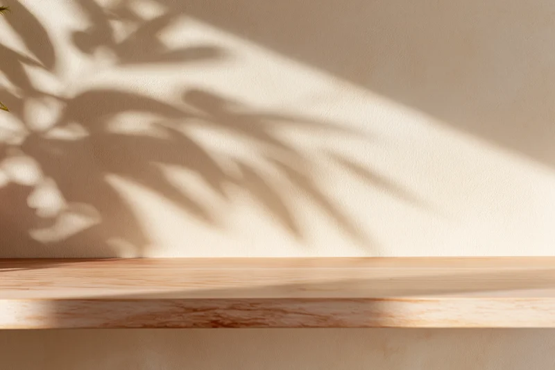 Empty light wood shelf against a bare plaster wall with plant shadows
