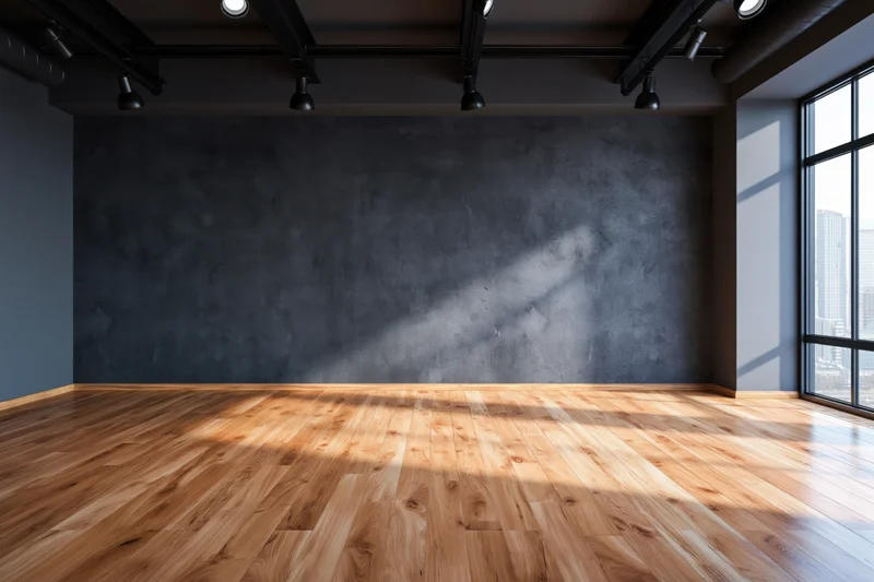 Empty loft-style room with dark concrete wall and hardwood floor, large window overlooking city skyline, track lighting on ceiling