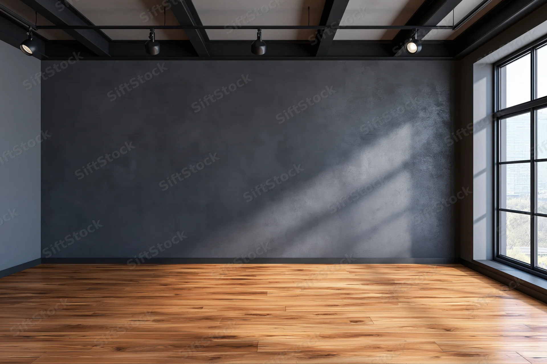 Empty loft-style room with dark concrete wall and hardwood floor, featuring industrial ceiling beams and large window