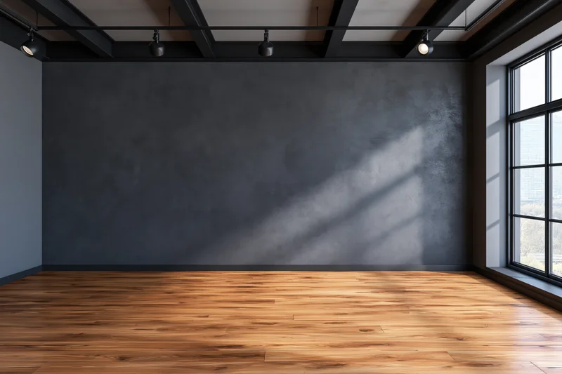 Empty loft-style room with dark concrete wall and hardwood floor, featuring industrial ceiling beams and large window