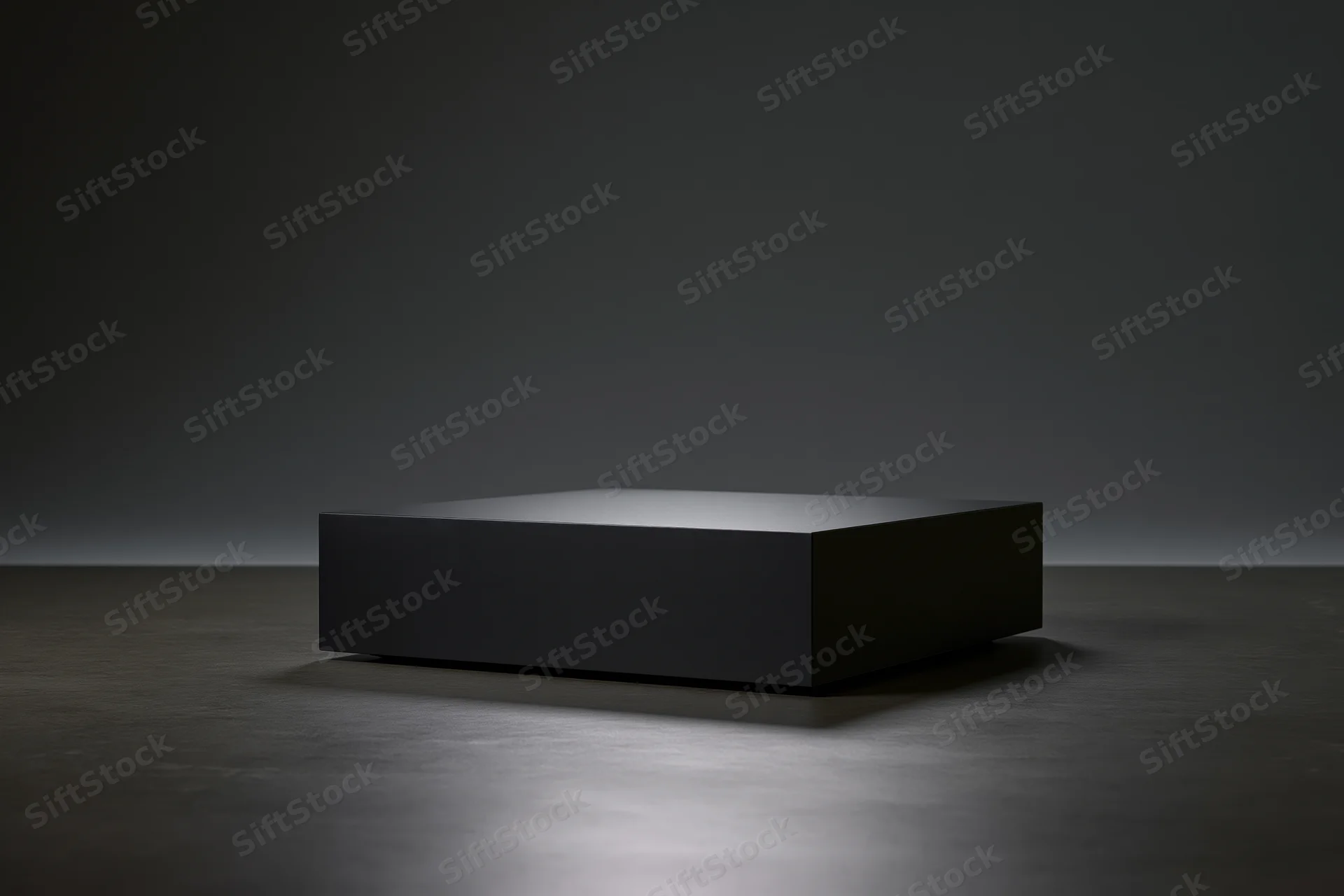 Matte black rectangular pedestal centered on a dark floor under spotlight in a studio space