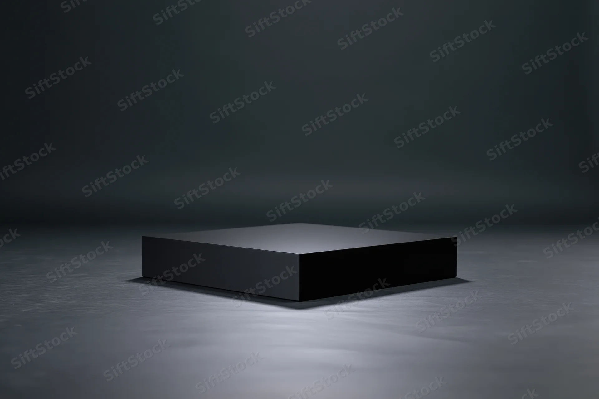 Matte black rectangular pedestal centered on a dark floor under spotlight lighting