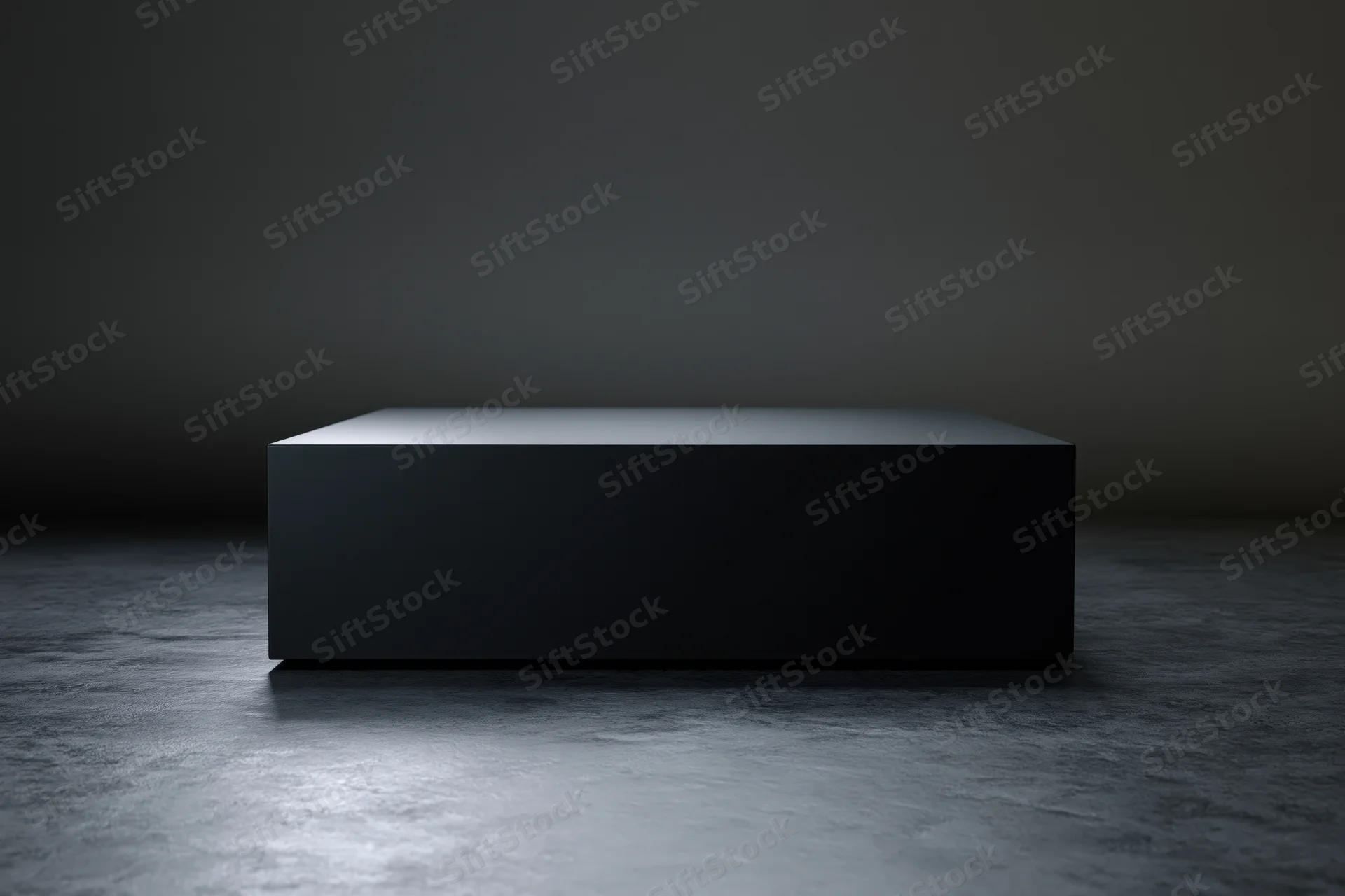 Matte black rectangular pedestal centered on a dark concrete floor under spotlight lighting