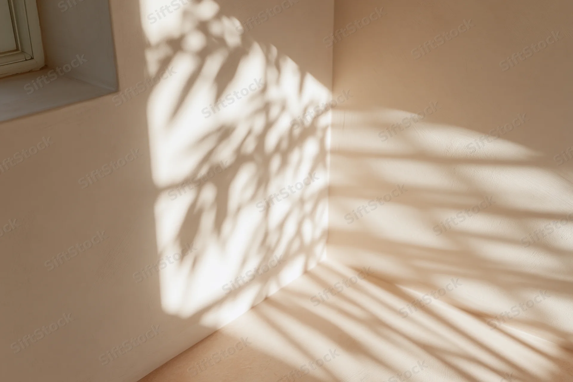 Sunlight casting leafy shadows on a smooth wall in a minimalist room corner