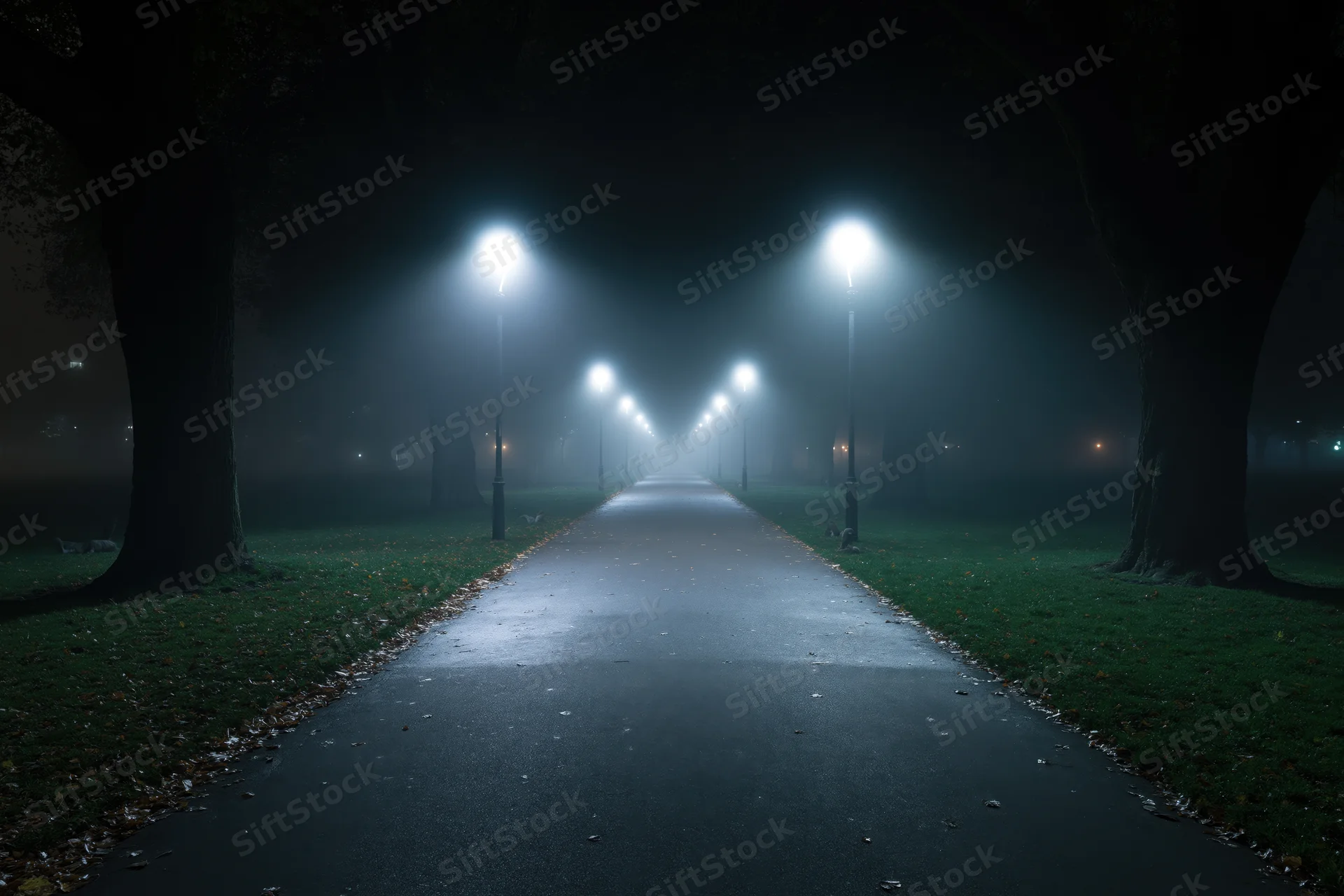 Foggy park pathway at night illuminated by streetlights receding into darkness