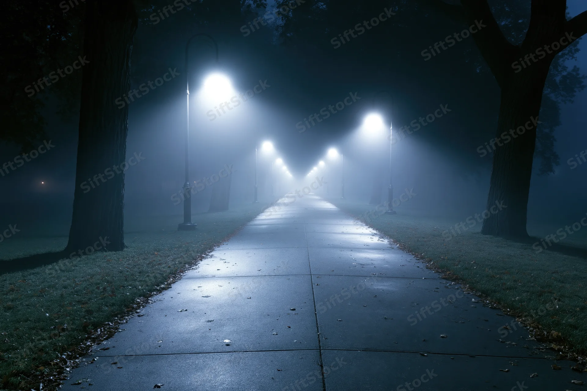 Foggy park pathway at night illuminated by streetlights receding into darkness