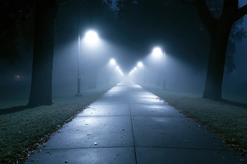 Foggy park pathway at night illuminated by streetlights receding into darkness