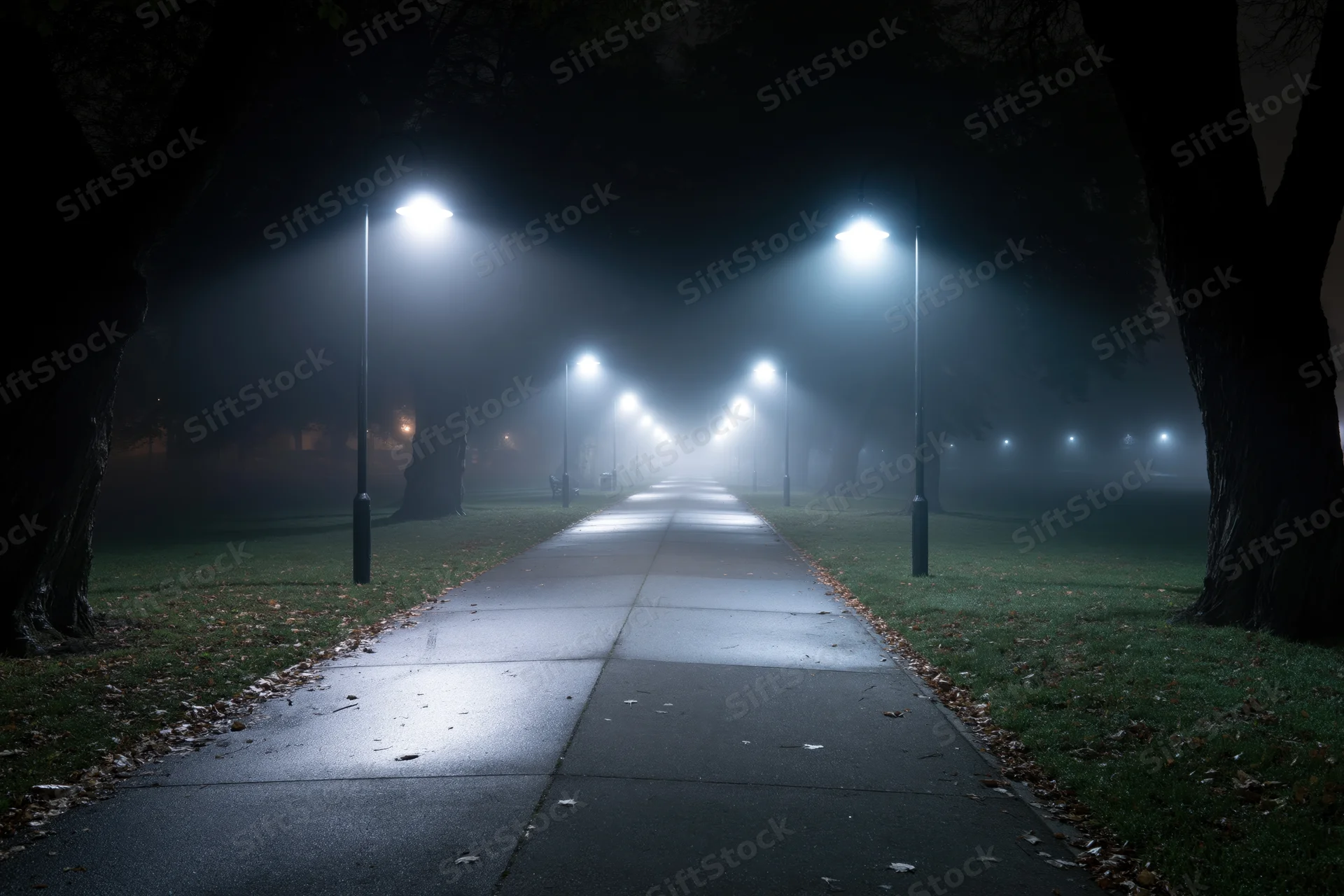 Concrete pathway lined with glowing streetlights receding into foggy park at night