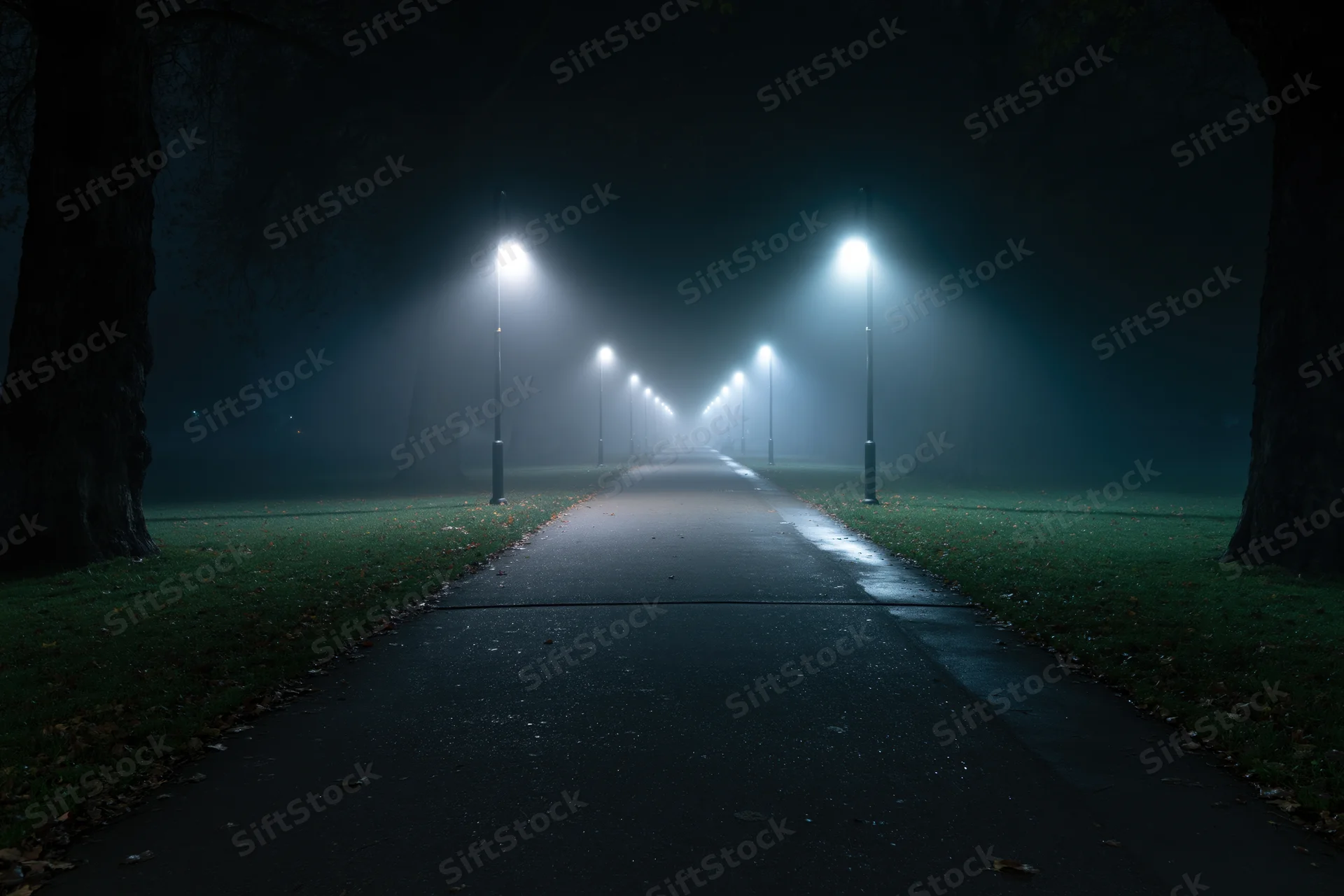 Empty park pathway at night receding into foggy darkness lined with streetlights