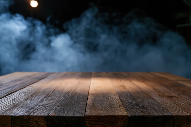Rustic wooden table surface in foreground with drifting smoke and spotlight at night