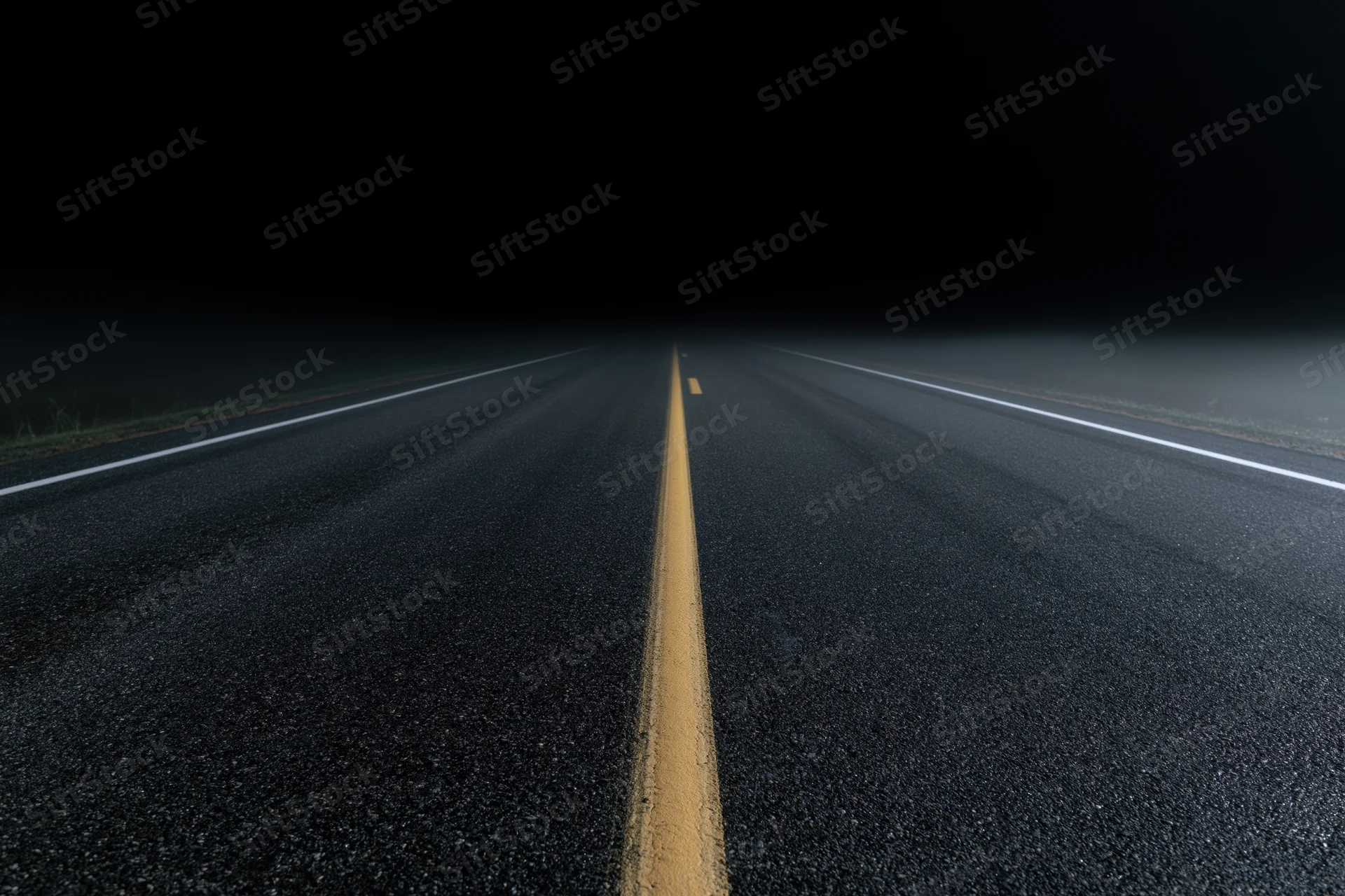 Empty asphalt road stretching into darkness at night