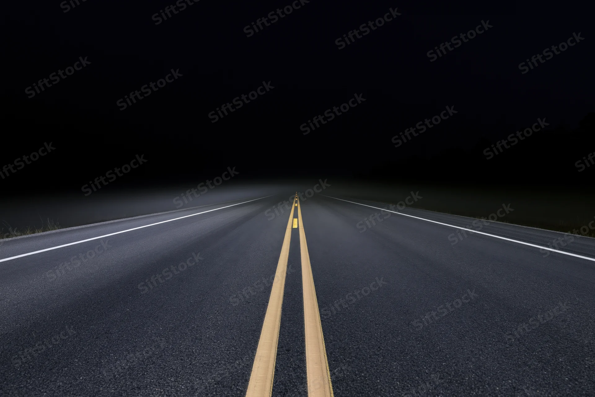 Empty asphalt road with double yellow line receding into darkness at night