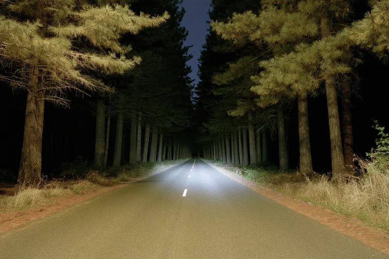 Illuminated straight asphalt road through dense pine forest at night