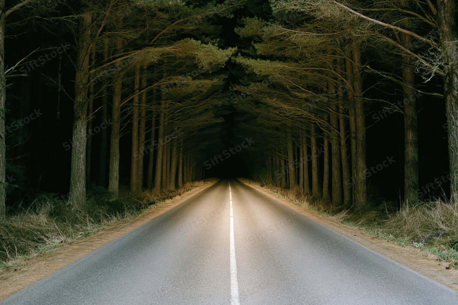 Straight asphalt road vanishing into dark forest tunnel lined with tall trees