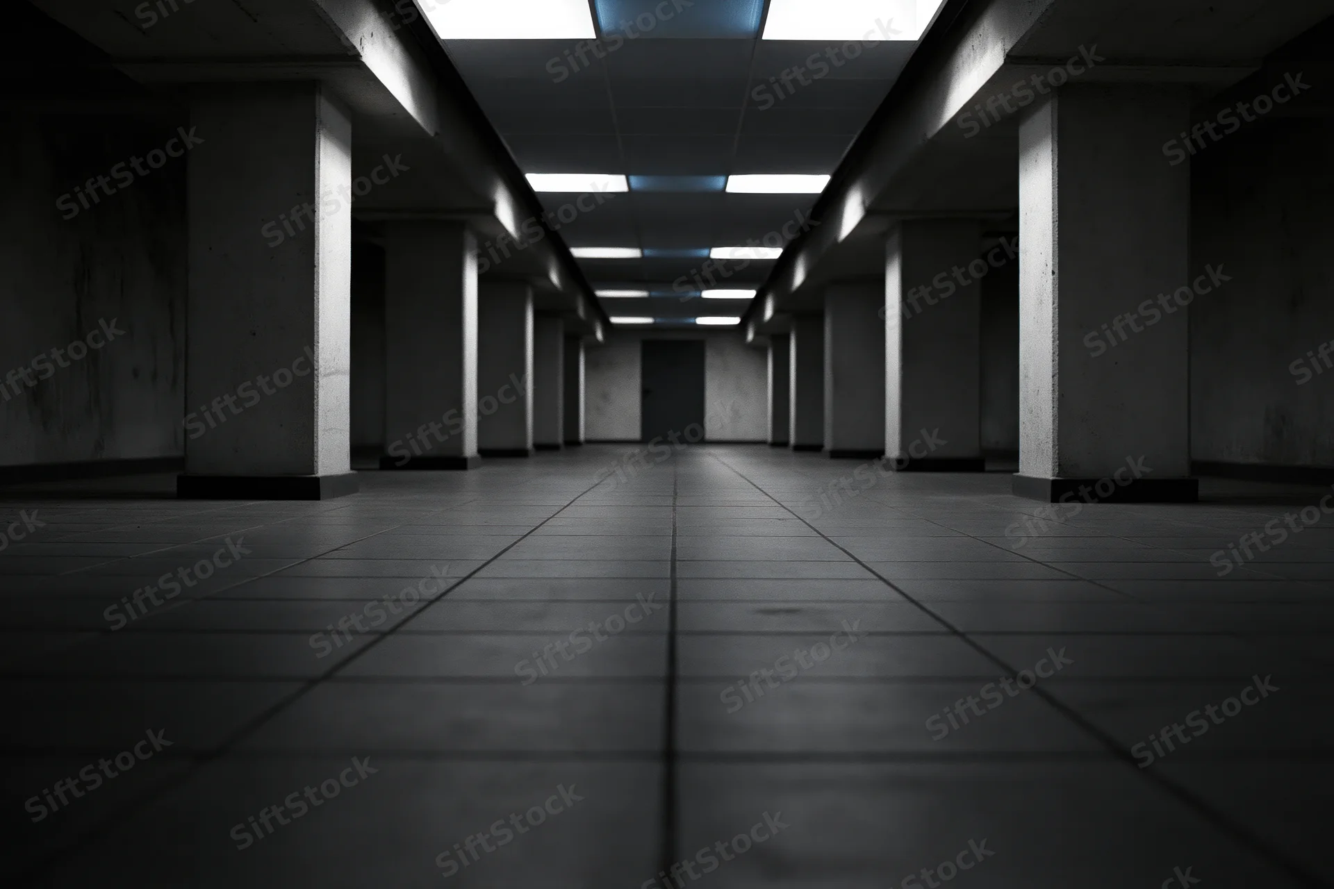Long empty underground corridor with concrete pillars and fluorescent lights receding toward a closed door