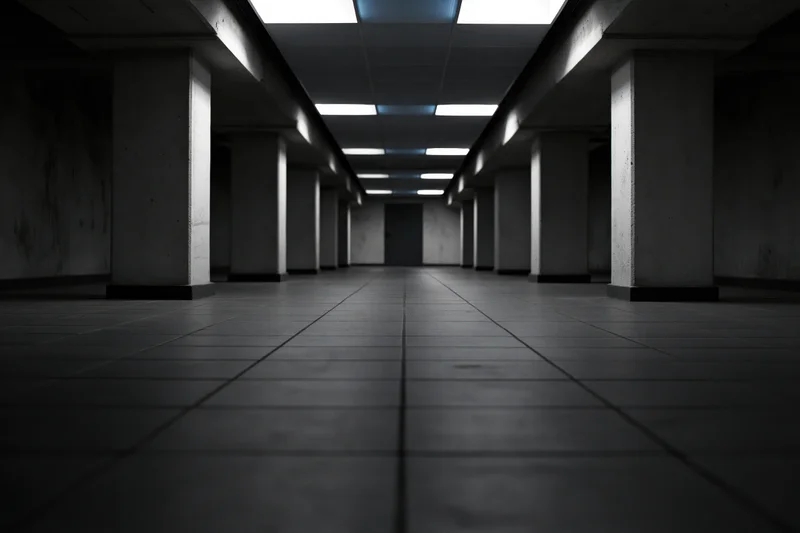 Long empty underground corridor with concrete pillars and fluorescent lights receding toward a closed door