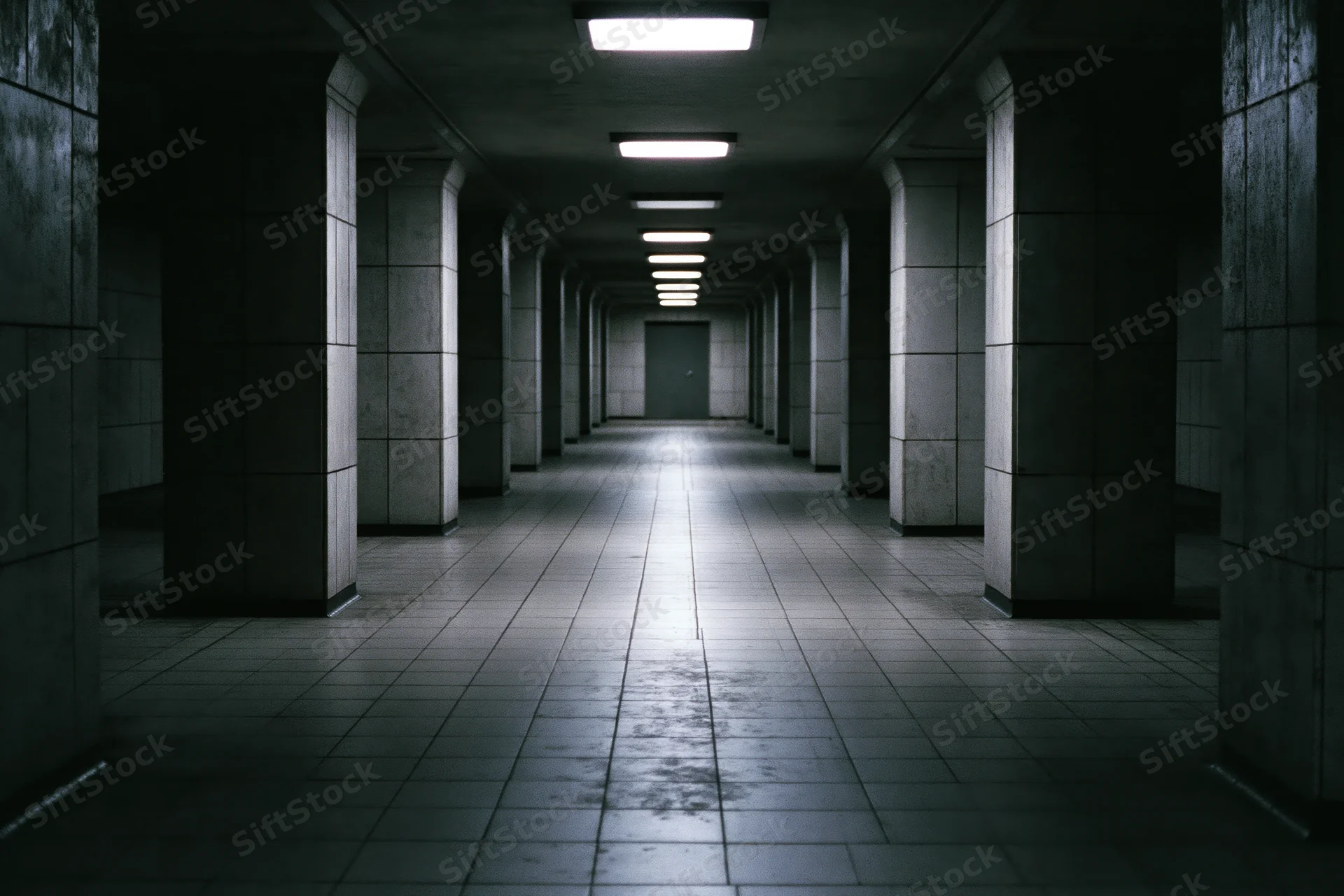 Long empty underground corridor with concrete pillars and tiled floor receding into darkness under fluorescent lights