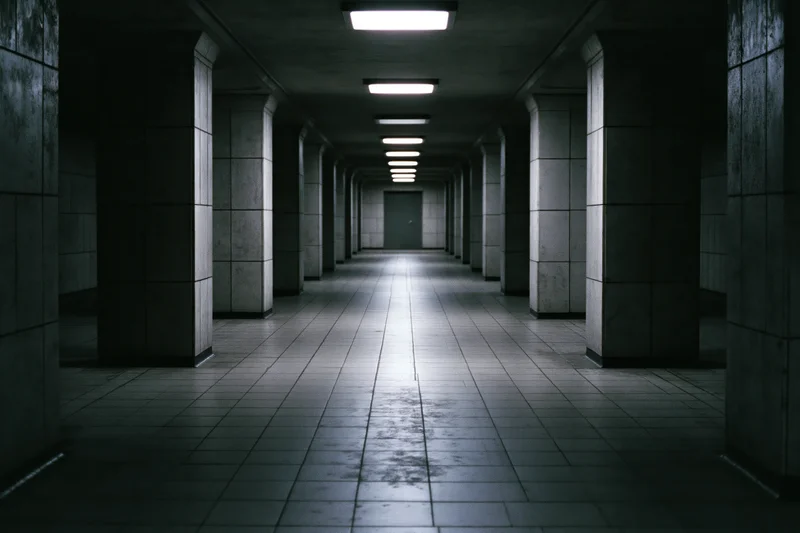 Long empty underground corridor with concrete pillars and tiled floor receding into darkness under fluorescent lights
