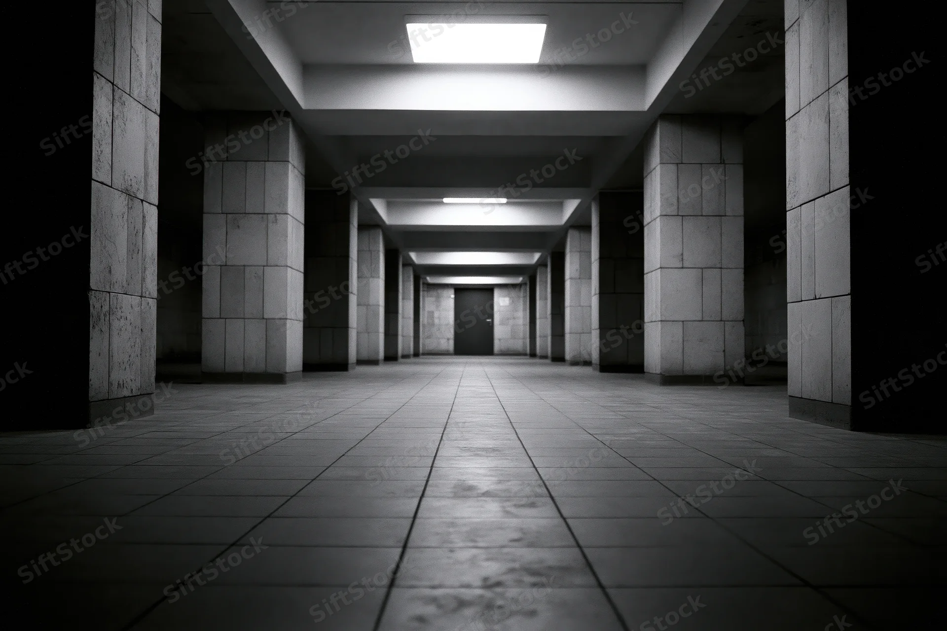 Empty underground corridor with concrete pillars and tiled floor receding toward a closed door under fluorescent lighting